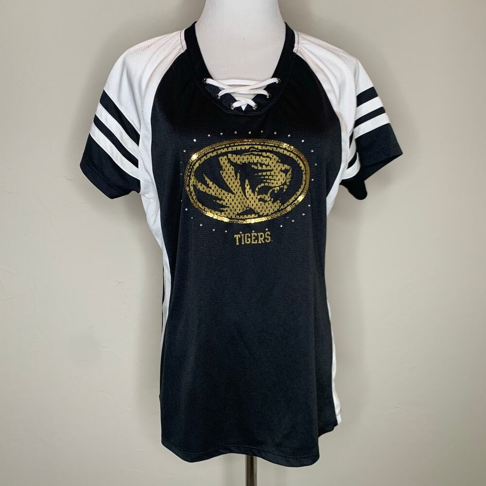 Missouri Tigers Jersey Style Top Black Gold White Sequin Mizzou Sz XL